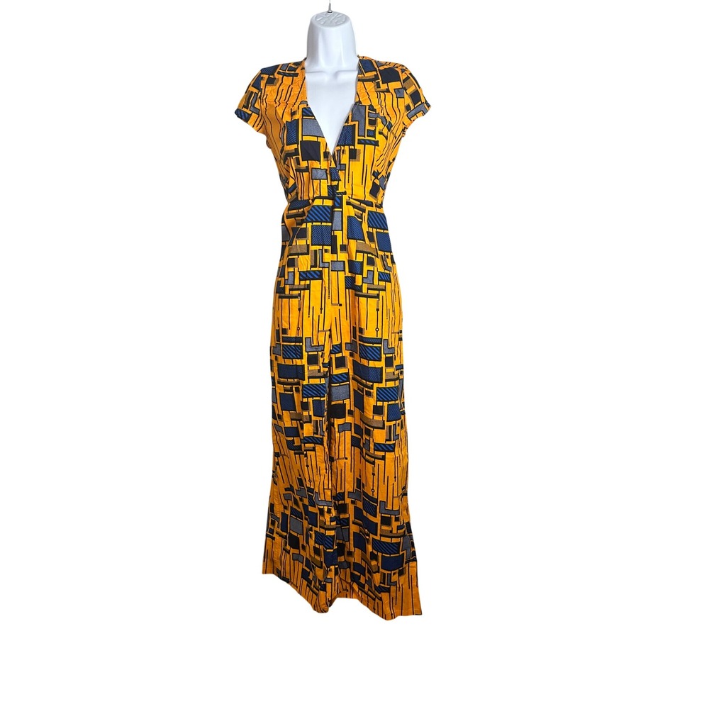Yellow Geometric Abstract Print Cotton Wide Leg Jumpsuit Cap Sleeve Pockets Sz M